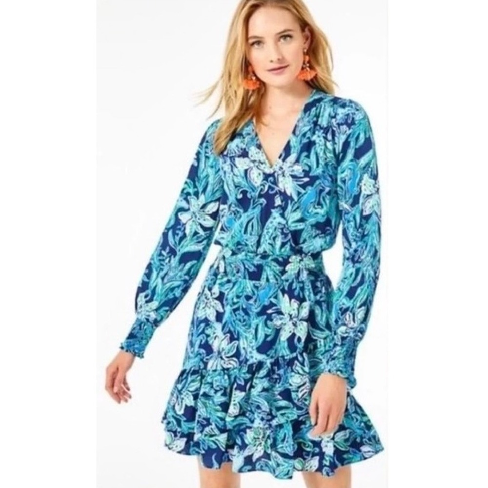 LILLY PULITZER Cristiana Dress High Tide Navy Take It Or Leaf It Smocked 0